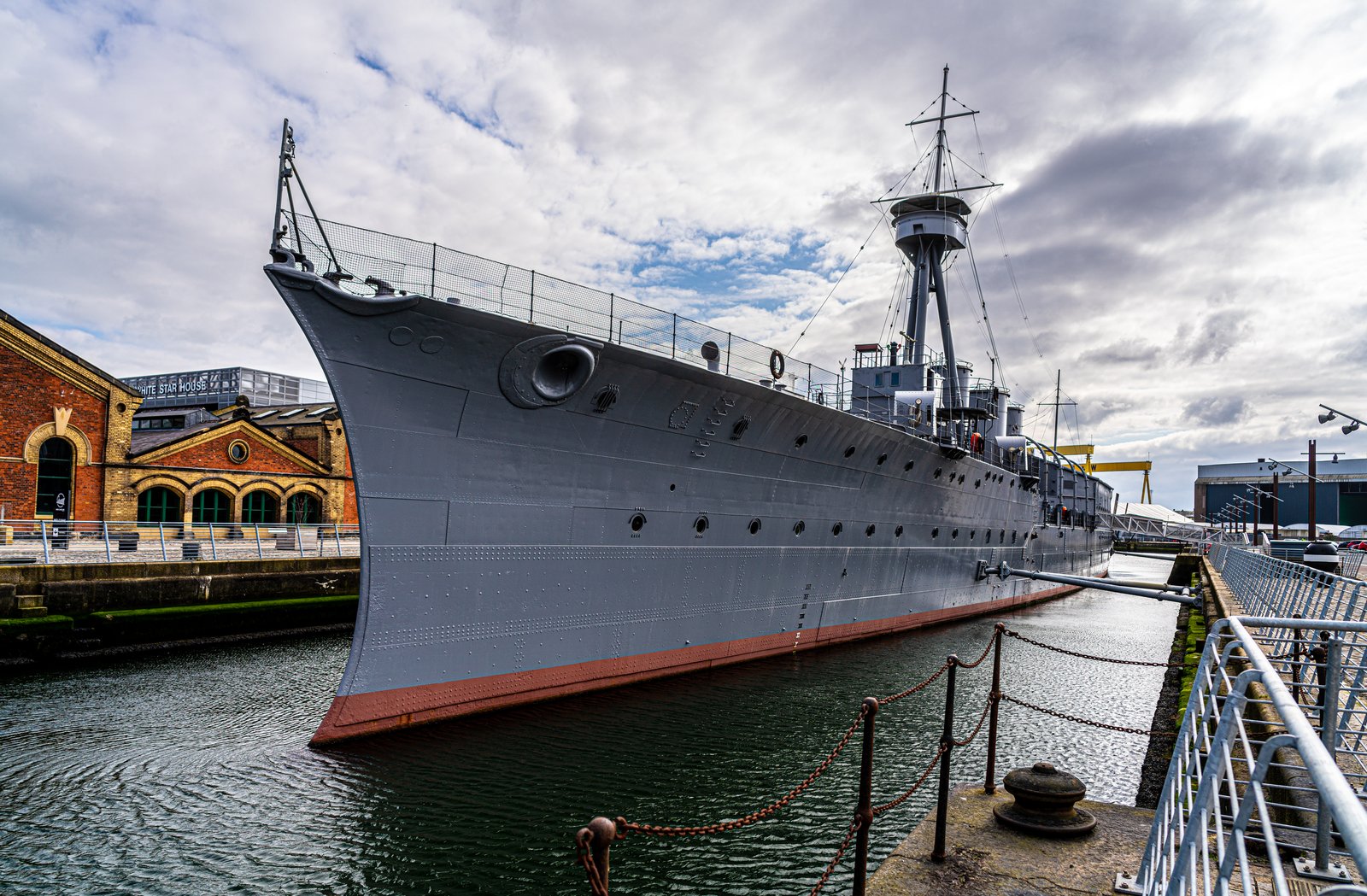HMS Caroline grey World War One warship moored in Alexandra Dock Belfast