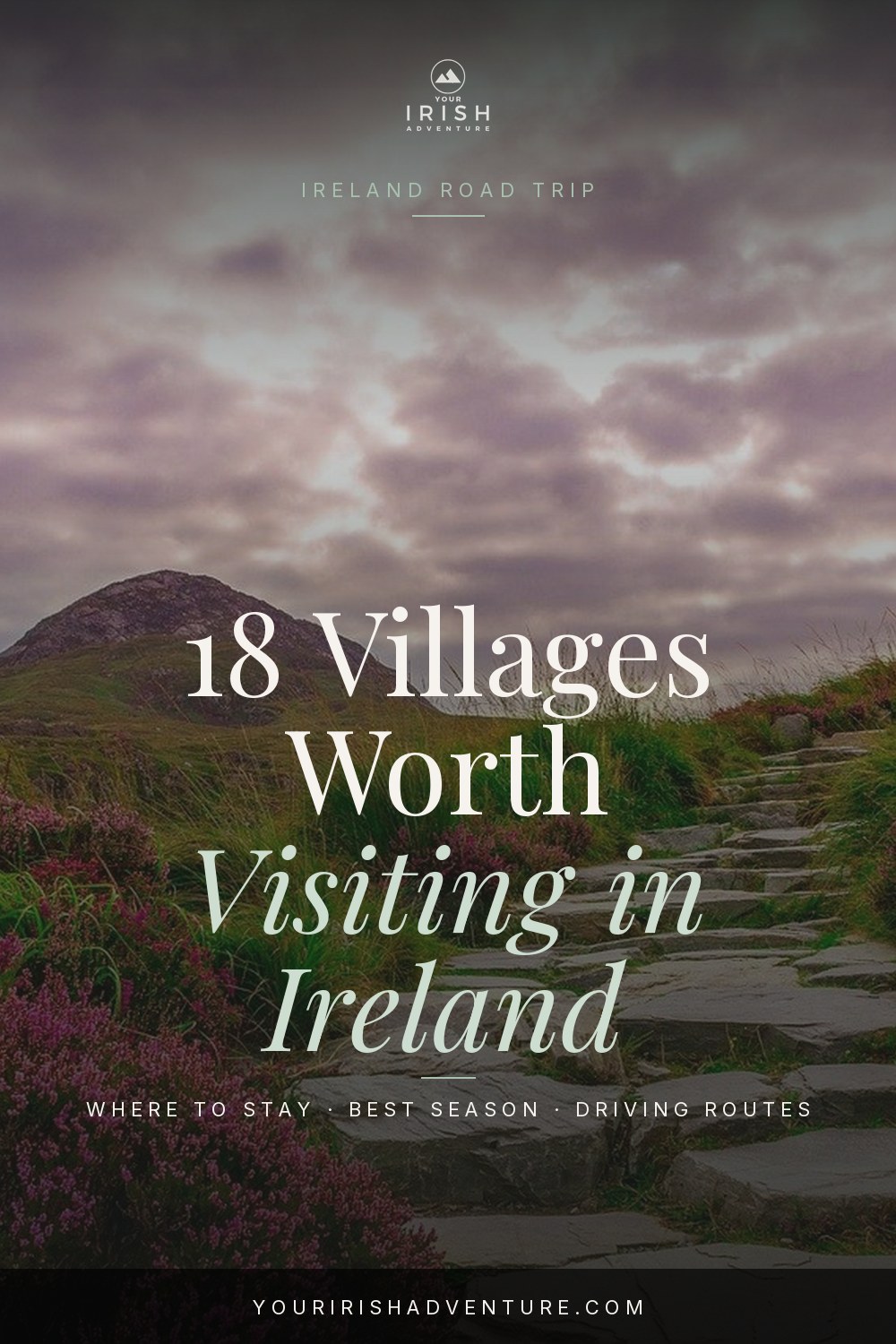 Stone village street in rural Ireland with flower baskets and a colorful pub, one of 18 scenic picks