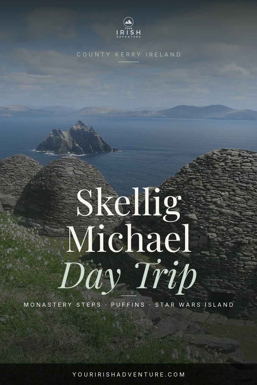 Stone monastic huts and steep steps on Skellig Michael island in County Kerry Ireland