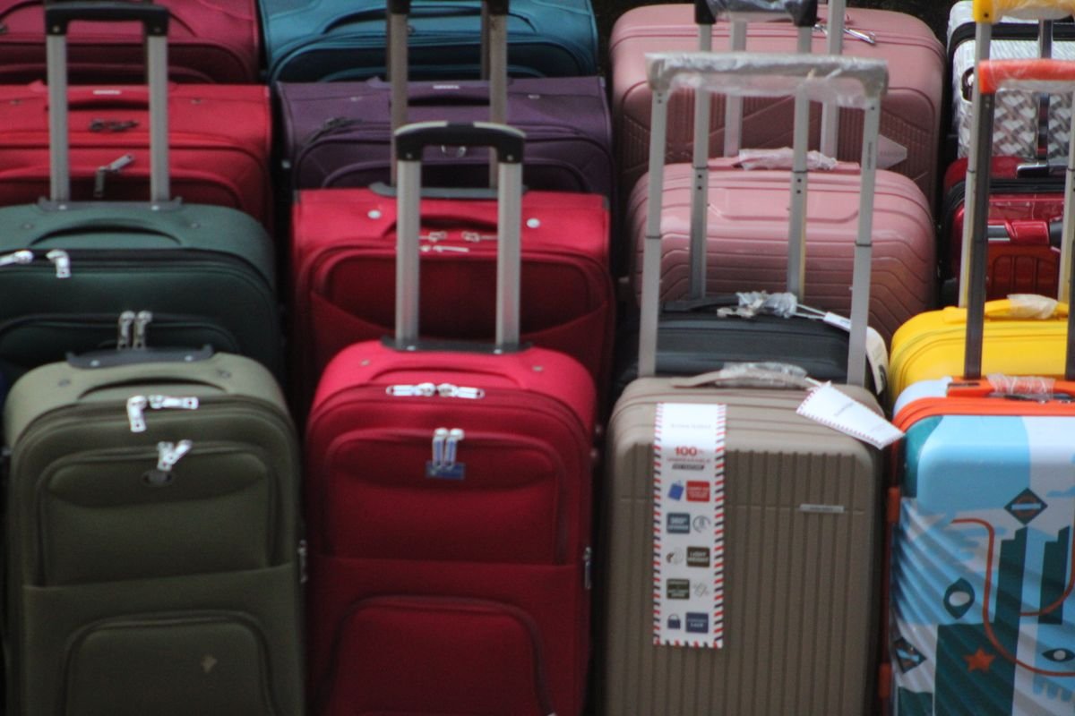 A row of colorful packed suitcases ready for a trip