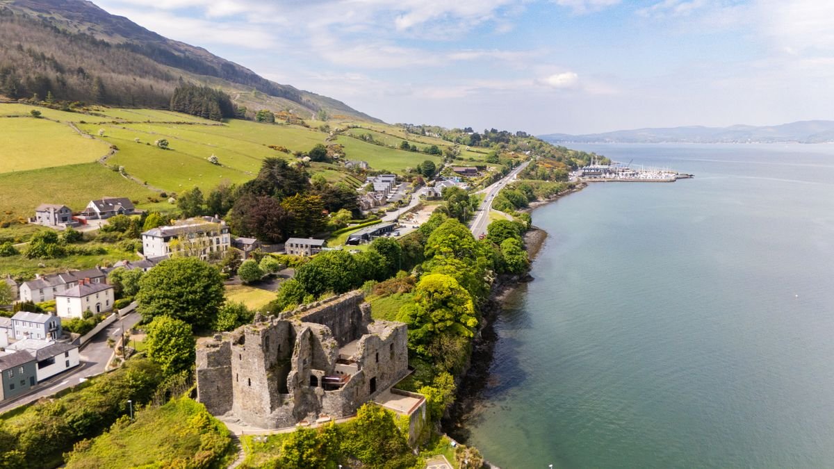 Aerial view of Carlingford with King John's Castle on the shore of Carlingford Lough