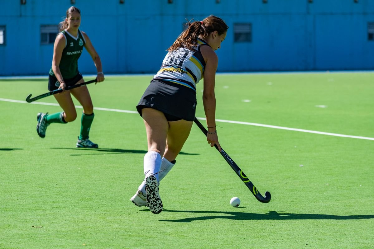 Women playing a fast stick and ball field game