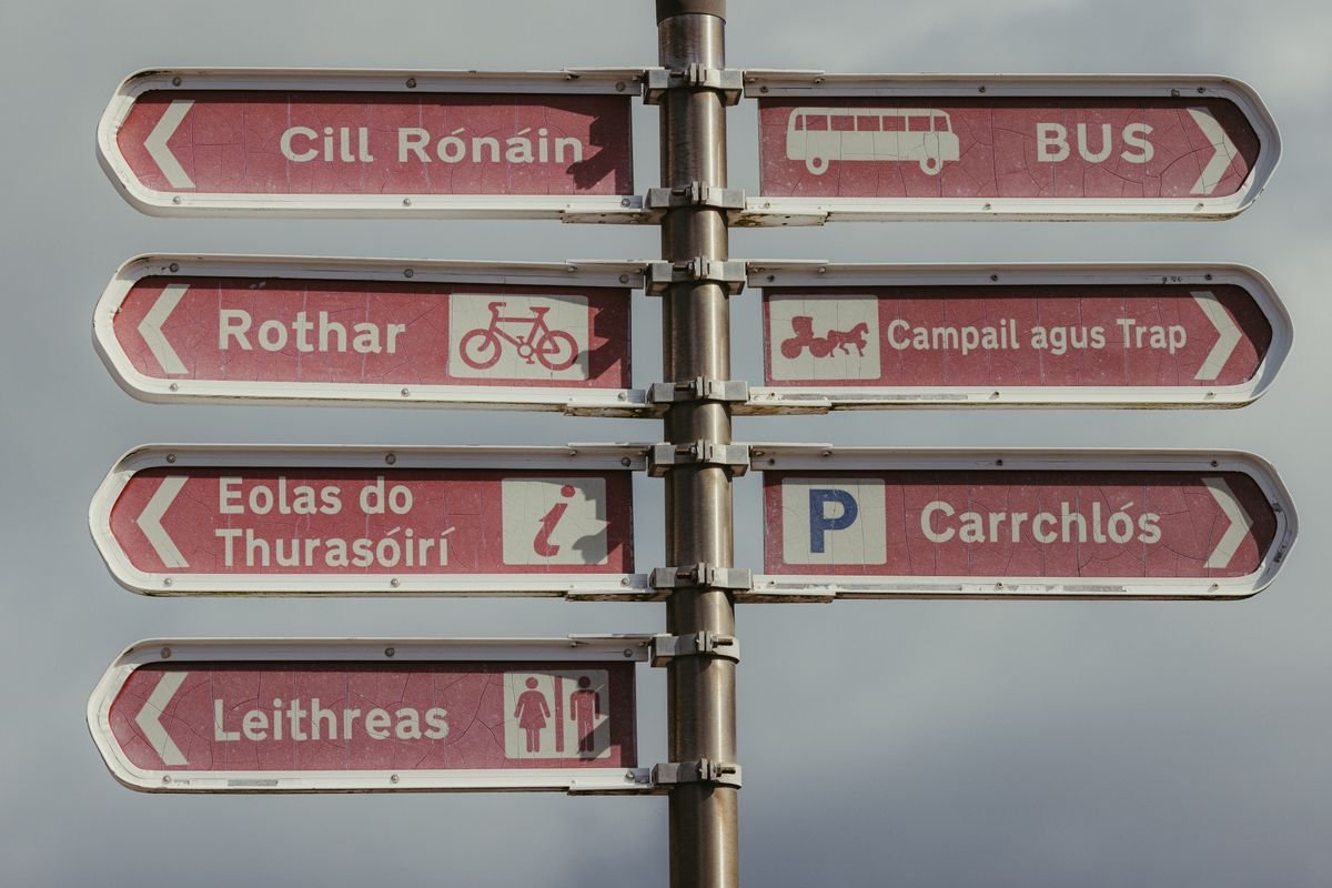 An Irish Gaelic fingerpost road sign