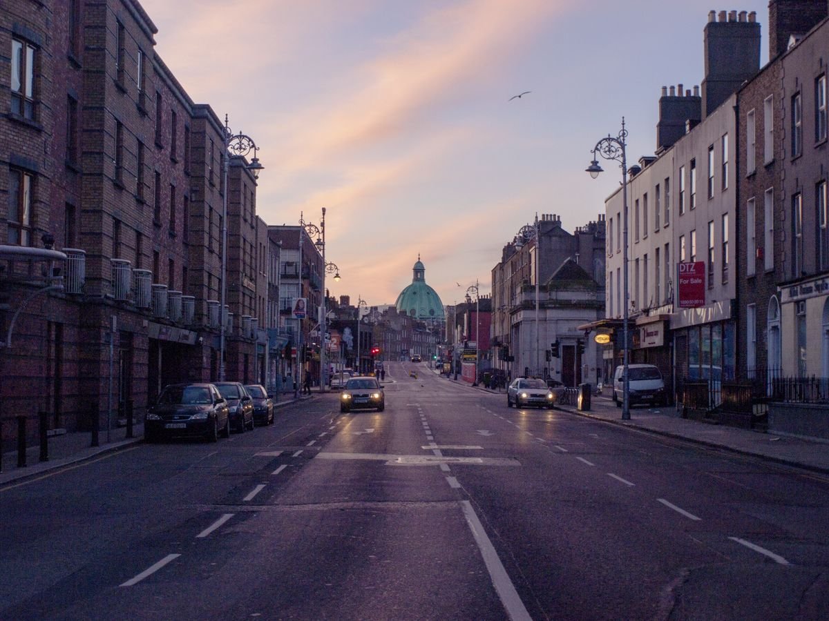 Quiet empty Dublin street at first light off season