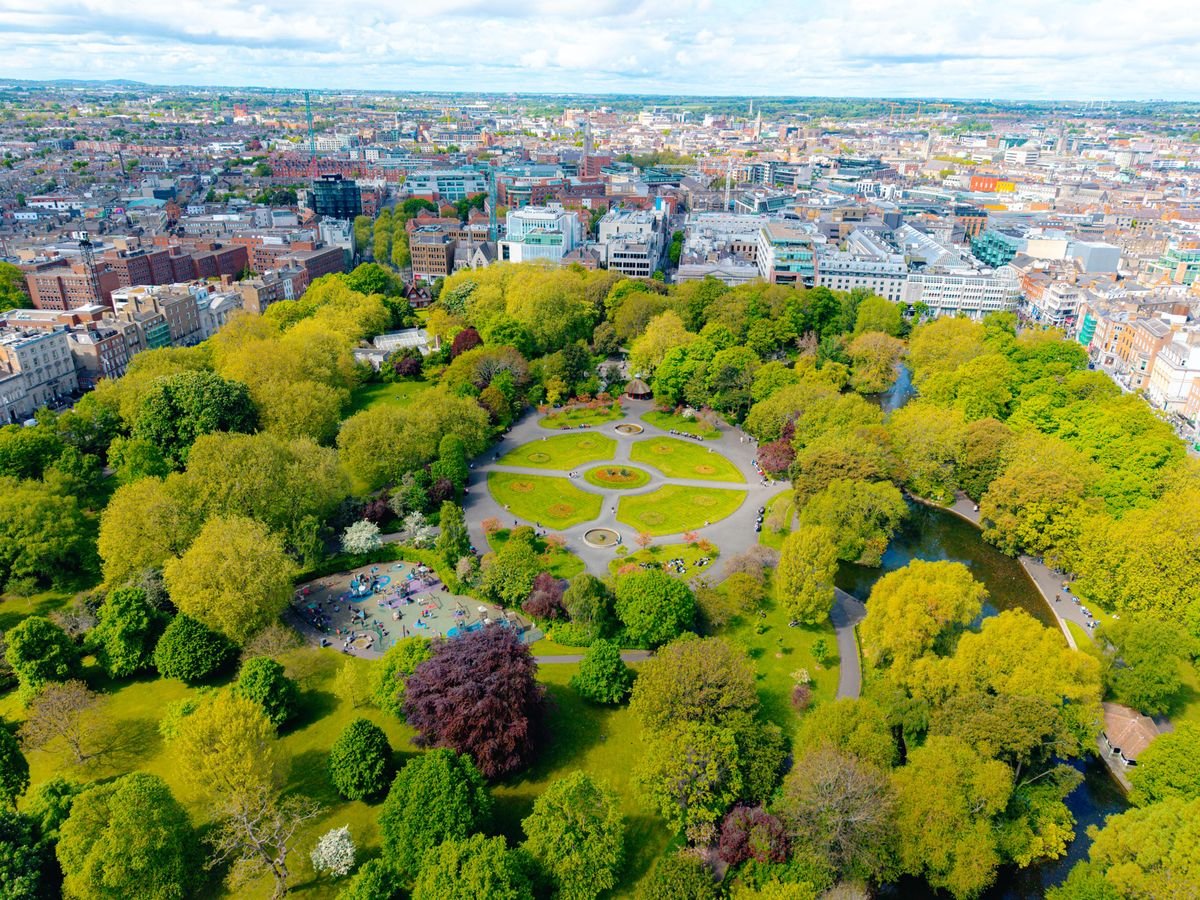 Aerial view of a green Dublin city park in May