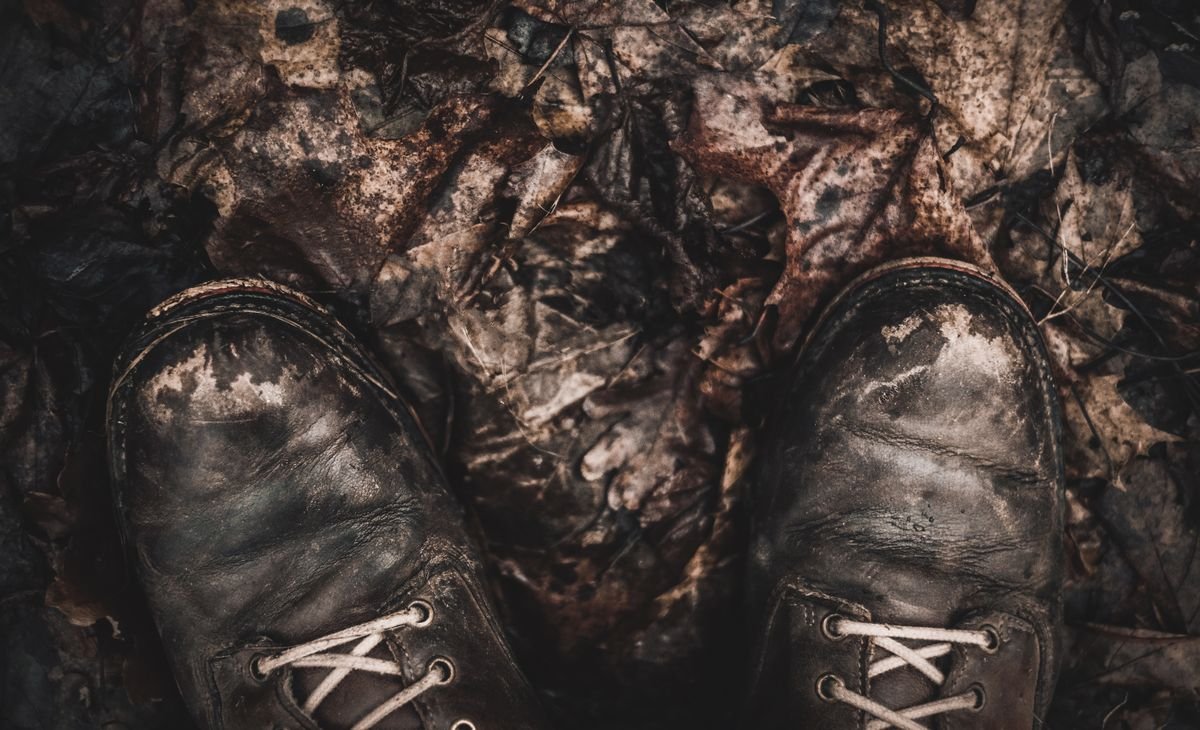 Close-up of muddy worn leather walking boots on wet leaf-covered ground