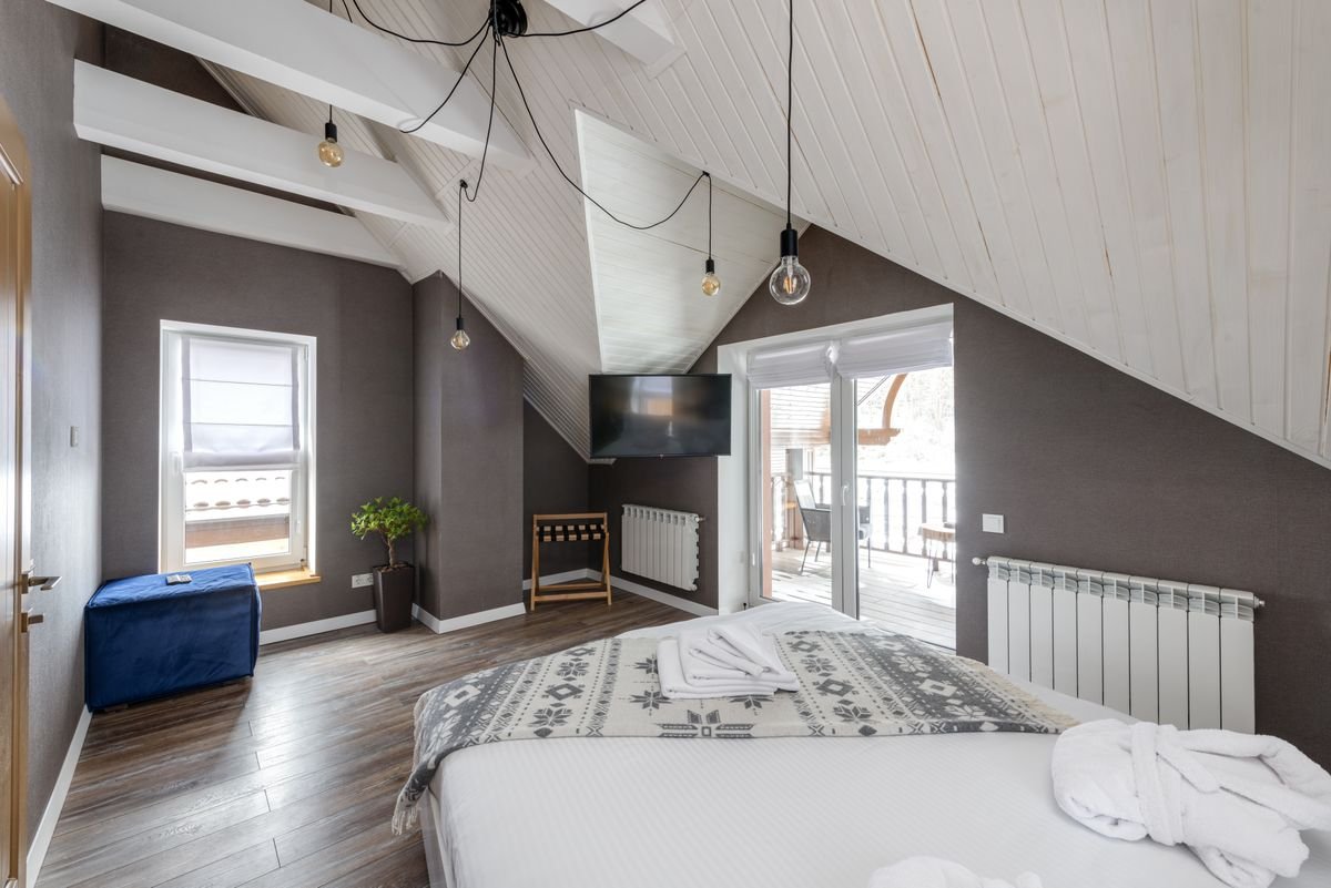A bright bed and breakfast room interior