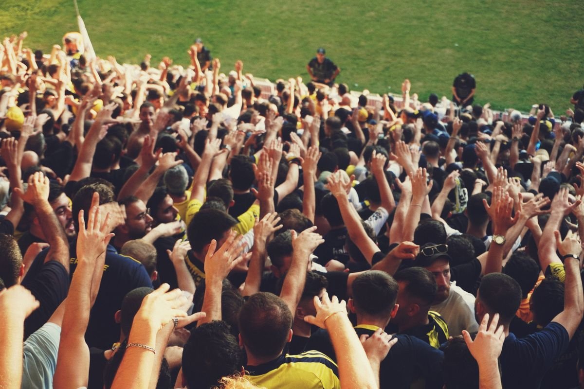A summer championship crowd with hands raised at a GAA hurling match
