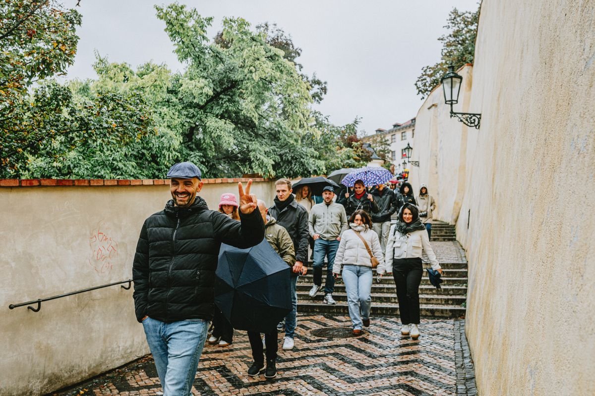 A small group on a walking tour with a guide
