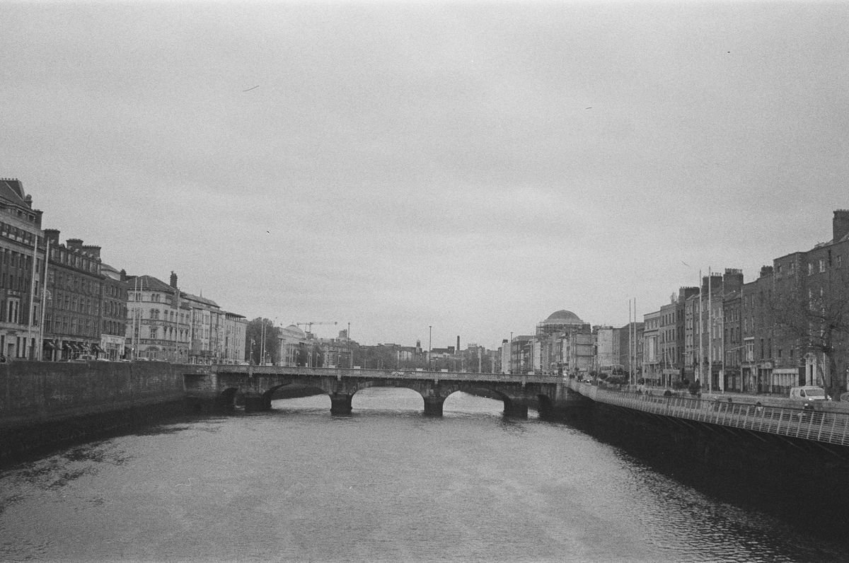 Grey winter view along the River Liffey in Dublin in February