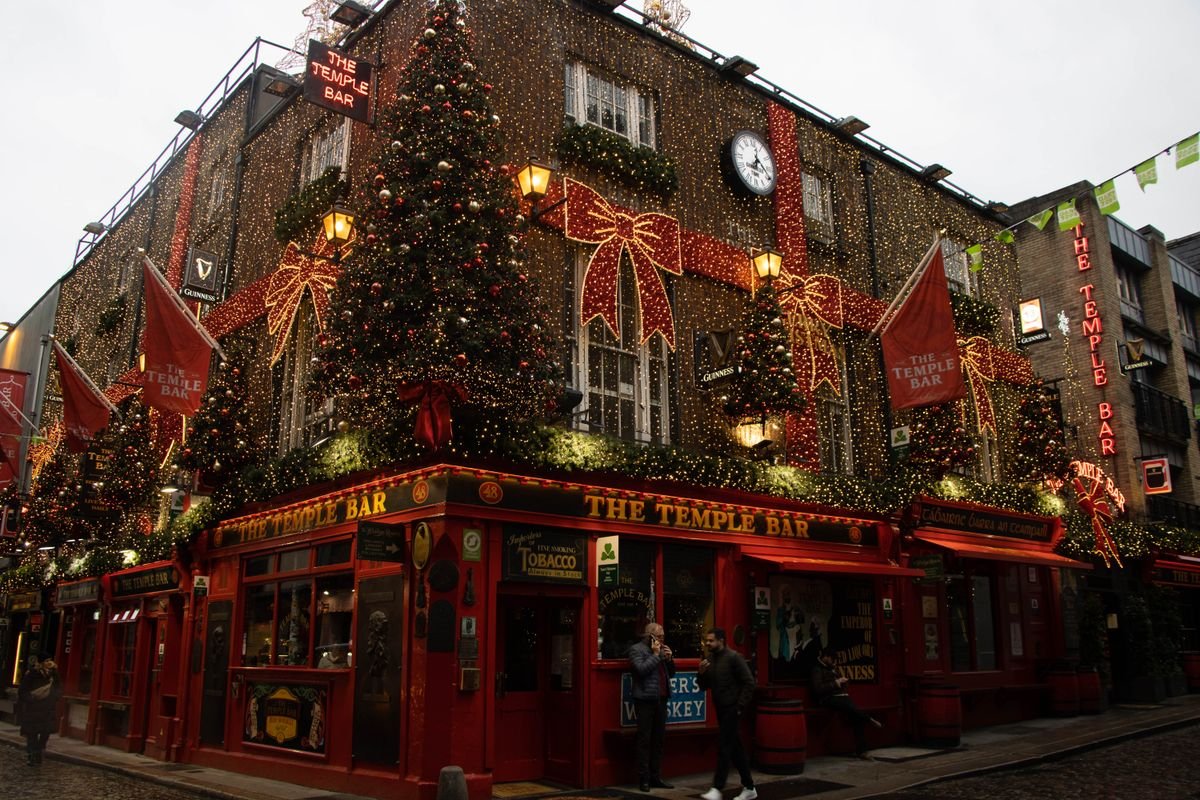 The Temple Bar pub lit up with Christmas lights in Dublin in December