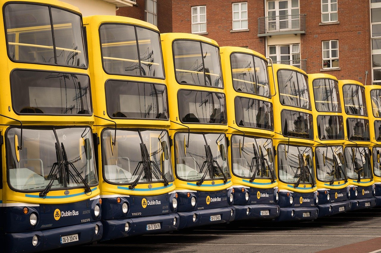 Dublin Bus double-decker coaches lined up at a Dublin depot