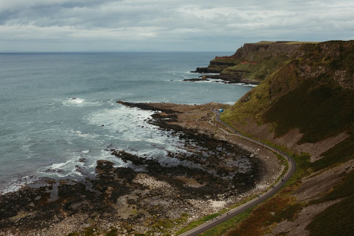 The clifftop trail above the Giant's Causeway looking along the coastline