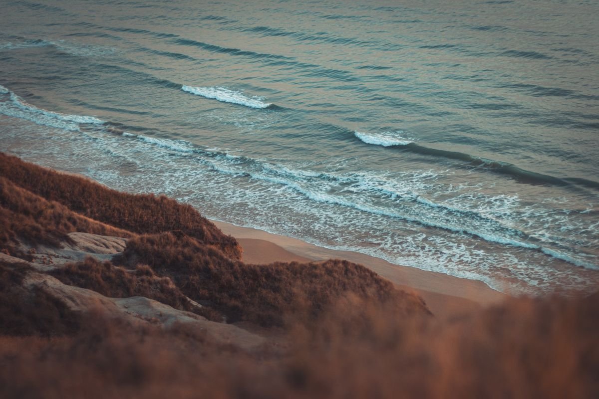 A sheltered sandy cove below a grassy headland on the Hook Peninsula in Wexford.