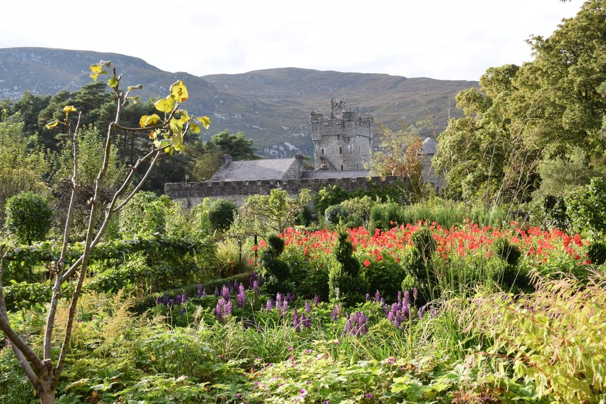 Glenveagh Castle and gardens on Lough Veagh, County Donegal
