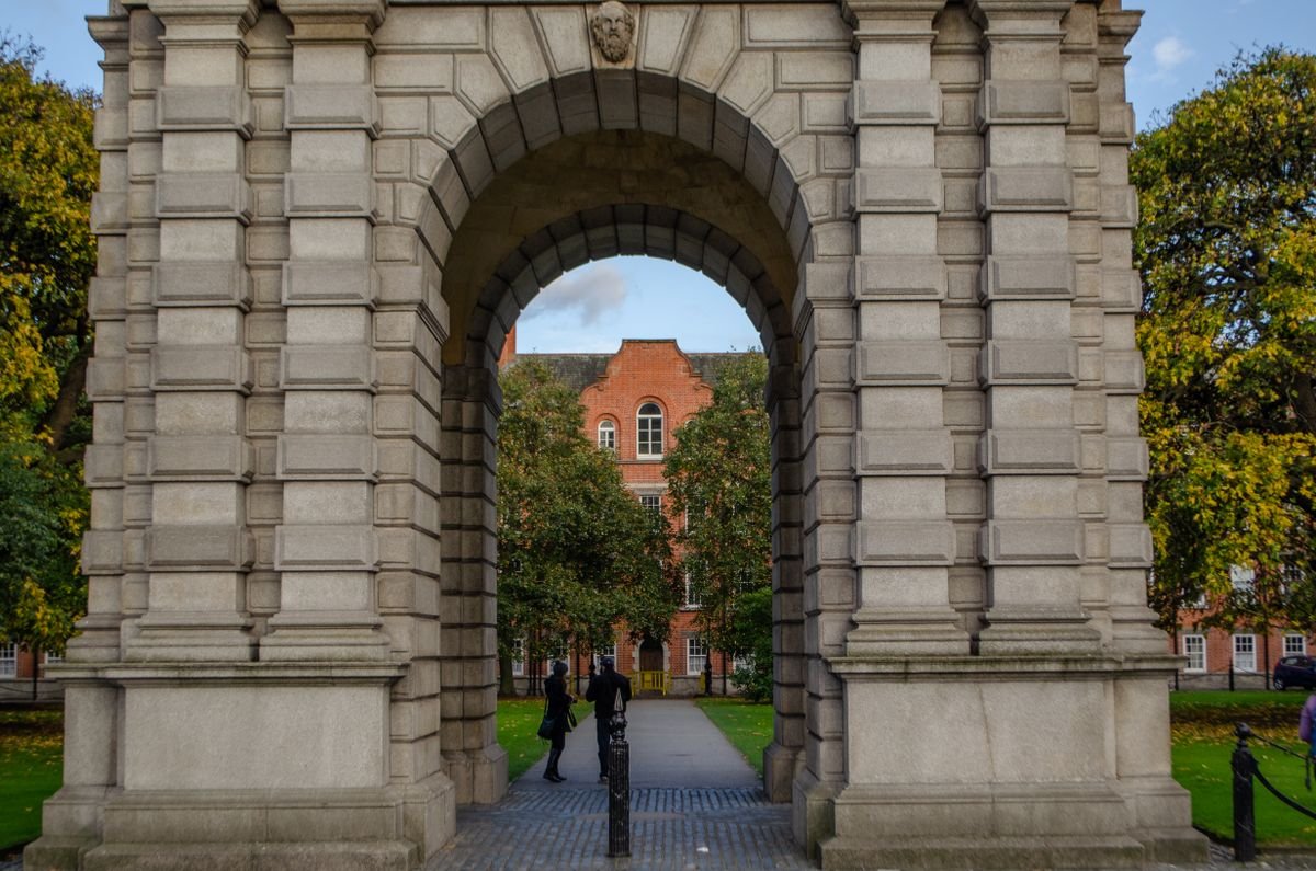 The stone entrance arch at Trinity College Dublin