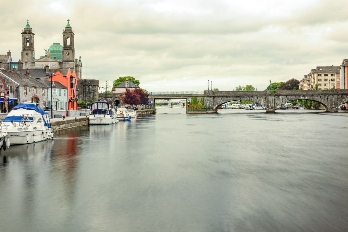 The River Shannon at Athlone with the church towers and the bridge