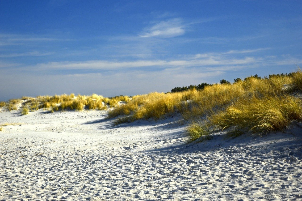 Golden dune-backed sand under a blue sky on Ireland's southeast coast.