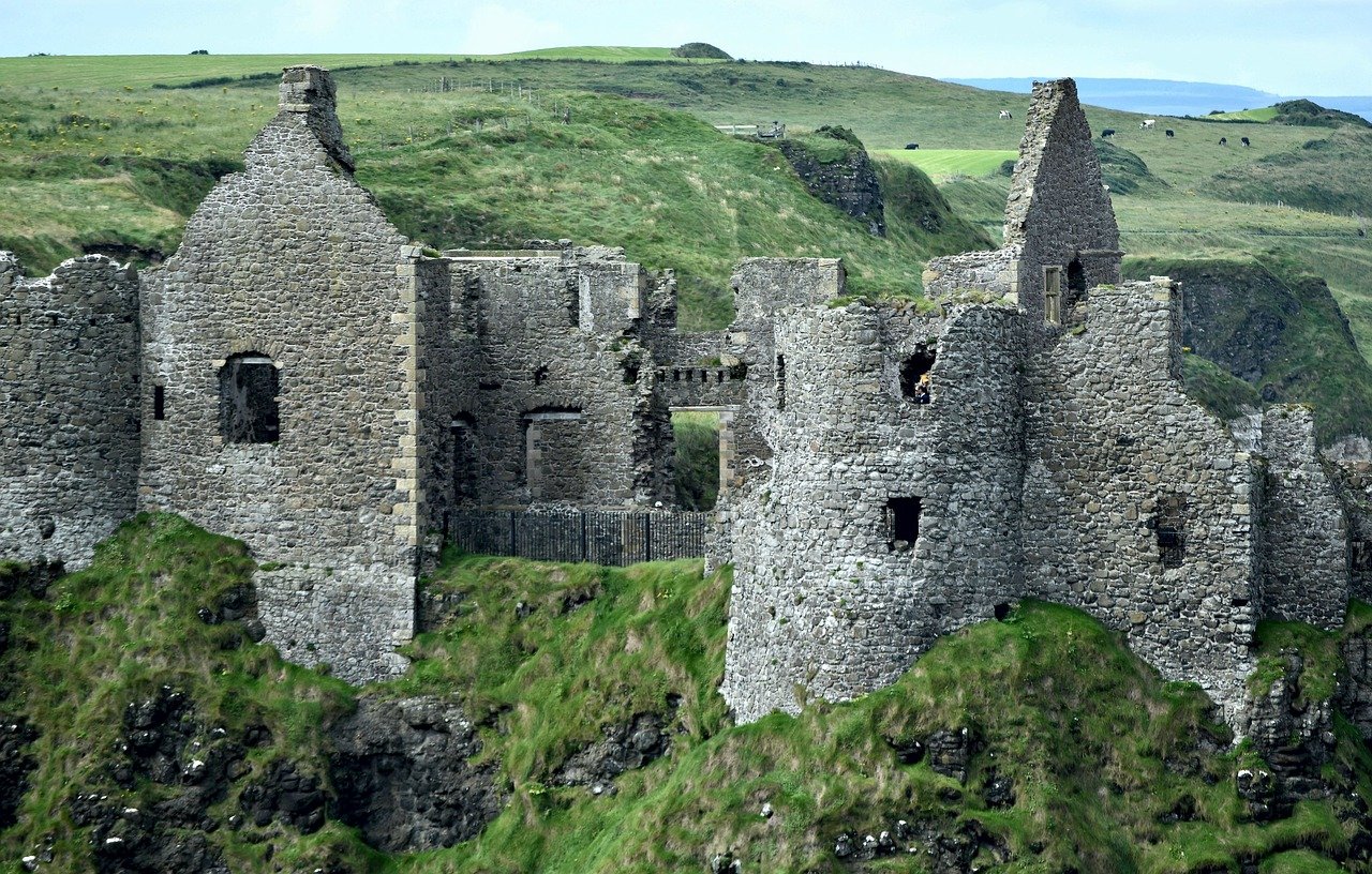 The ruined walls of Dunluce Castle on the clifftop
