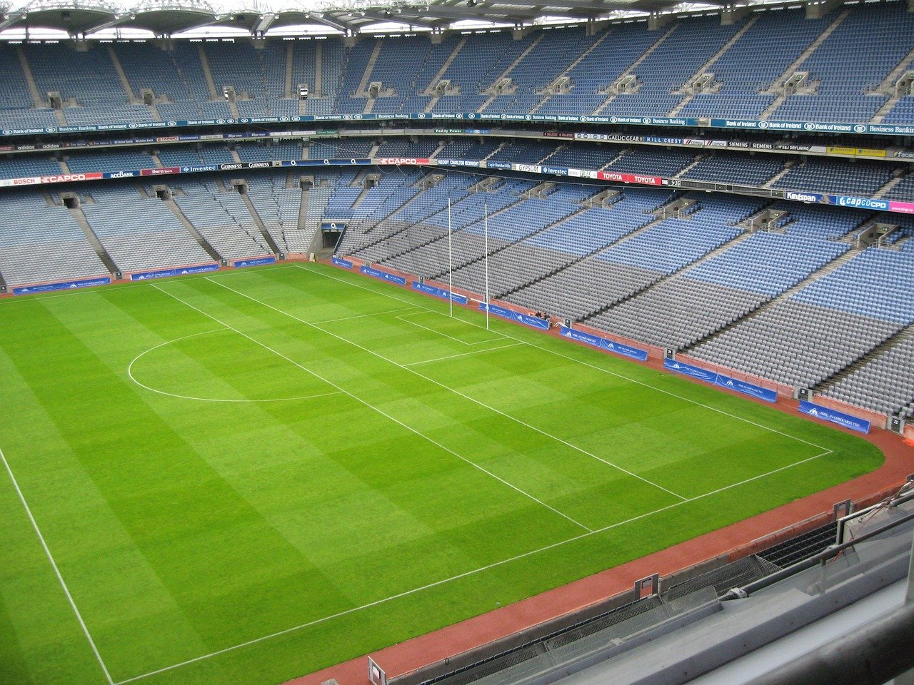 Inside Croke Park stadium in Dublin with the pitch and empty stands
