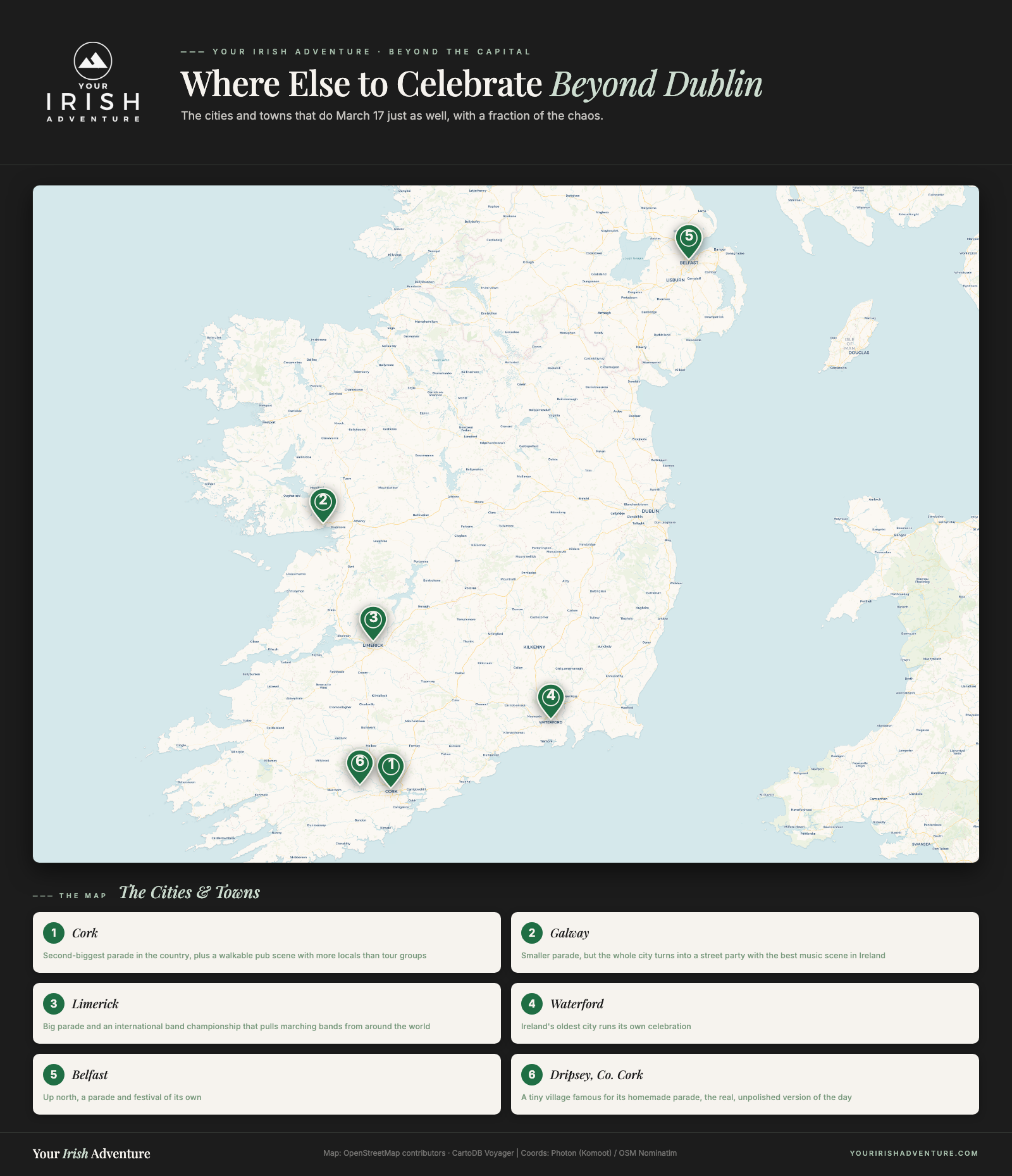 Map of Ireland showing the best places to celebrate St Patrick's Day beyond Dublin: Cork, Galway, Limerick, Waterford, Belfast and Dripsey, numbered as in the post