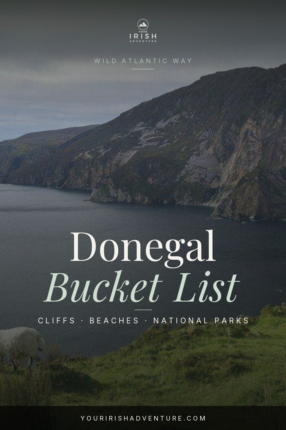 Slieve League cliffs and empty beach in Donegal Ireland with bucket list pin text