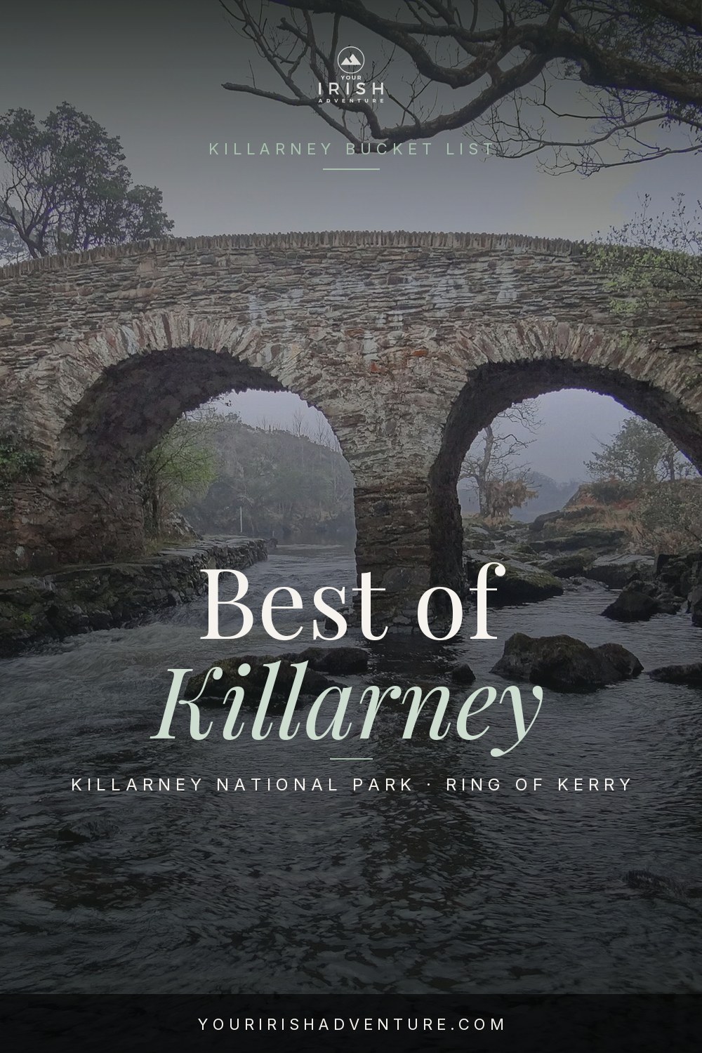 Killarney Ireland bucket list pin showing Ross Castle and Killarney National Park scenery