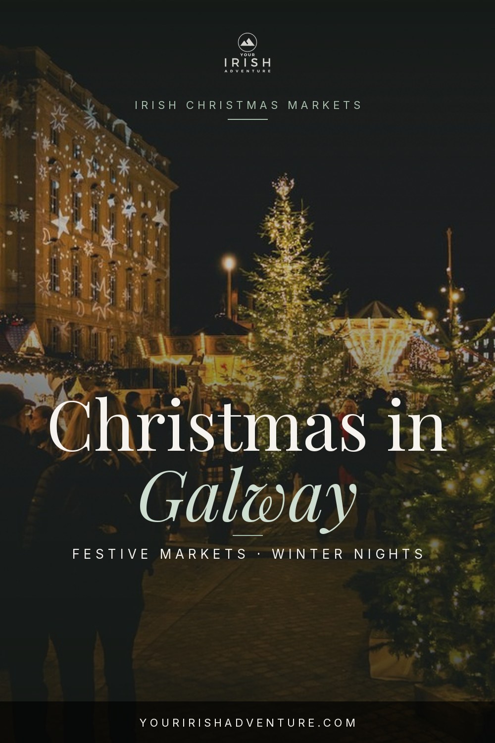 Galway Christmas Market lit up at night with festive stalls and string lights