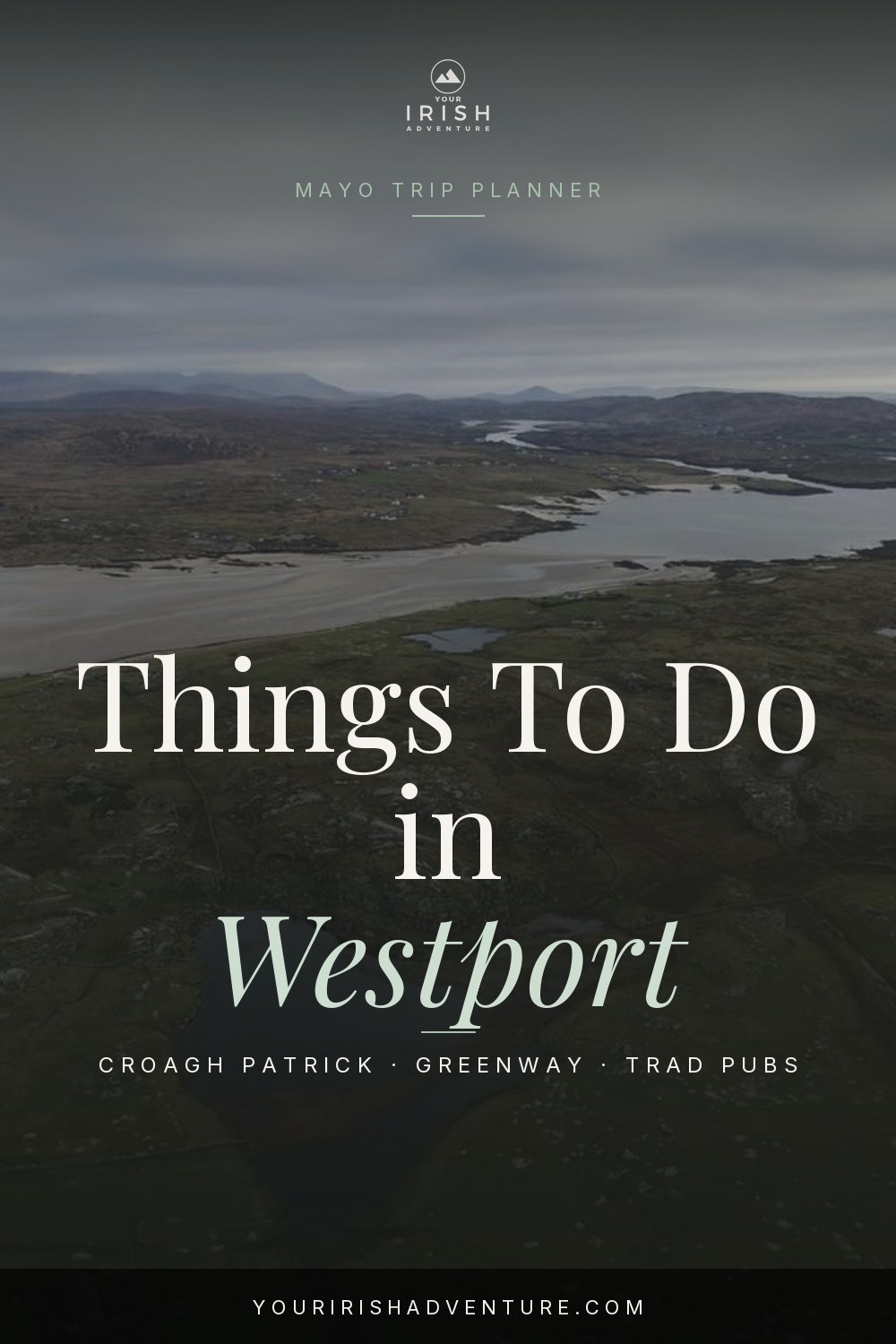 View over Clew Bay islands with Croagh Patrick mountain rising behind near Westport, Ireland