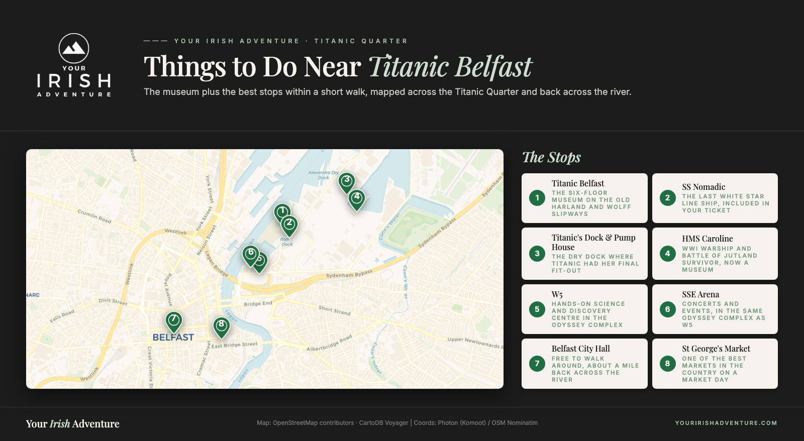 Map of the Titanic Quarter in Belfast showing Titanic Belfast and 8 things to do nearby, numbered as in the post