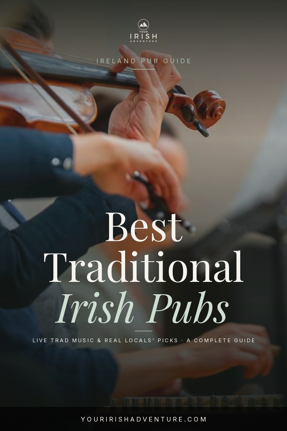 Musicians playing a live trad session in a traditional Irish pub with patrons listening