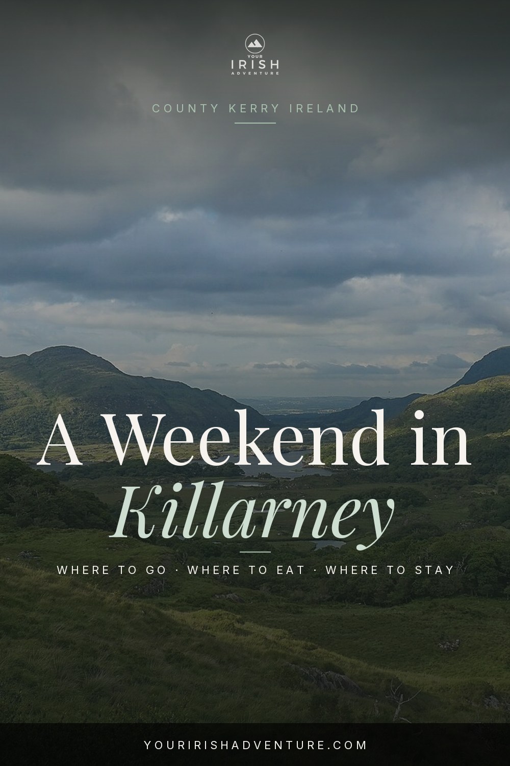 Jaunting car on a road through Killarney with mountains in the background and itinerary text