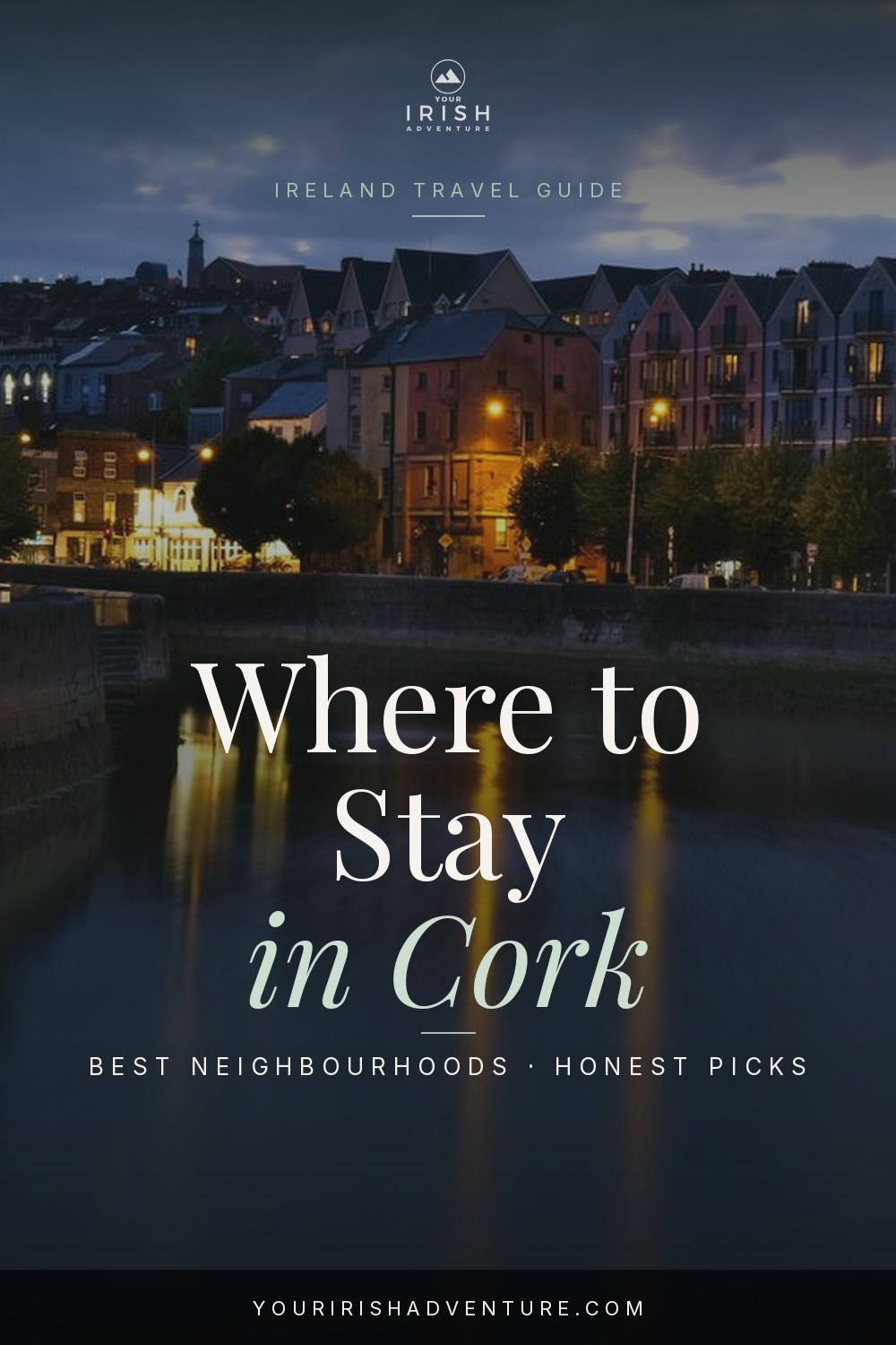 Colourful Cork city street with River Lee and pastel buildings under soft Irish light