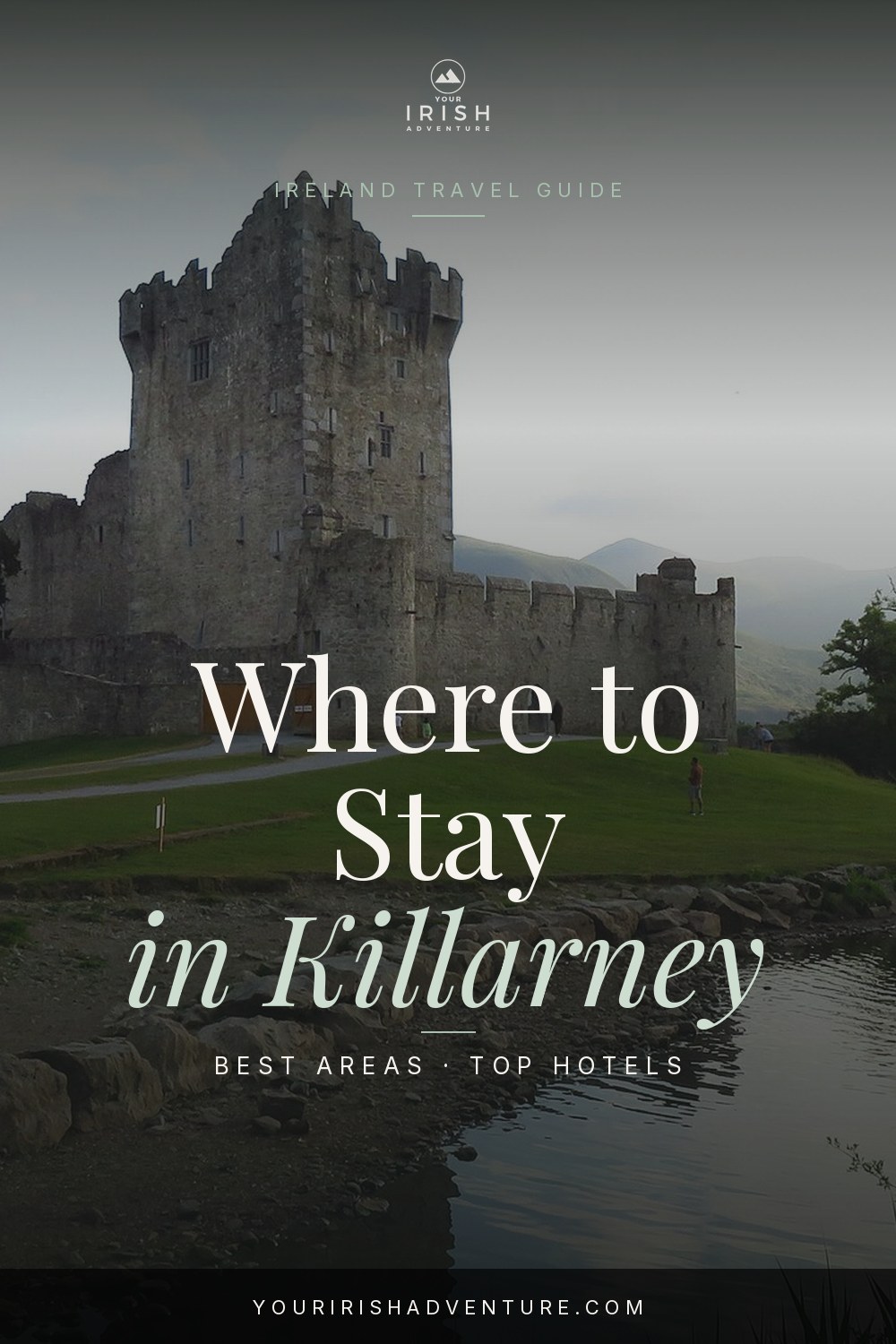 Killarney town street with colourful shopfronts and hotels in County Kerry Ireland