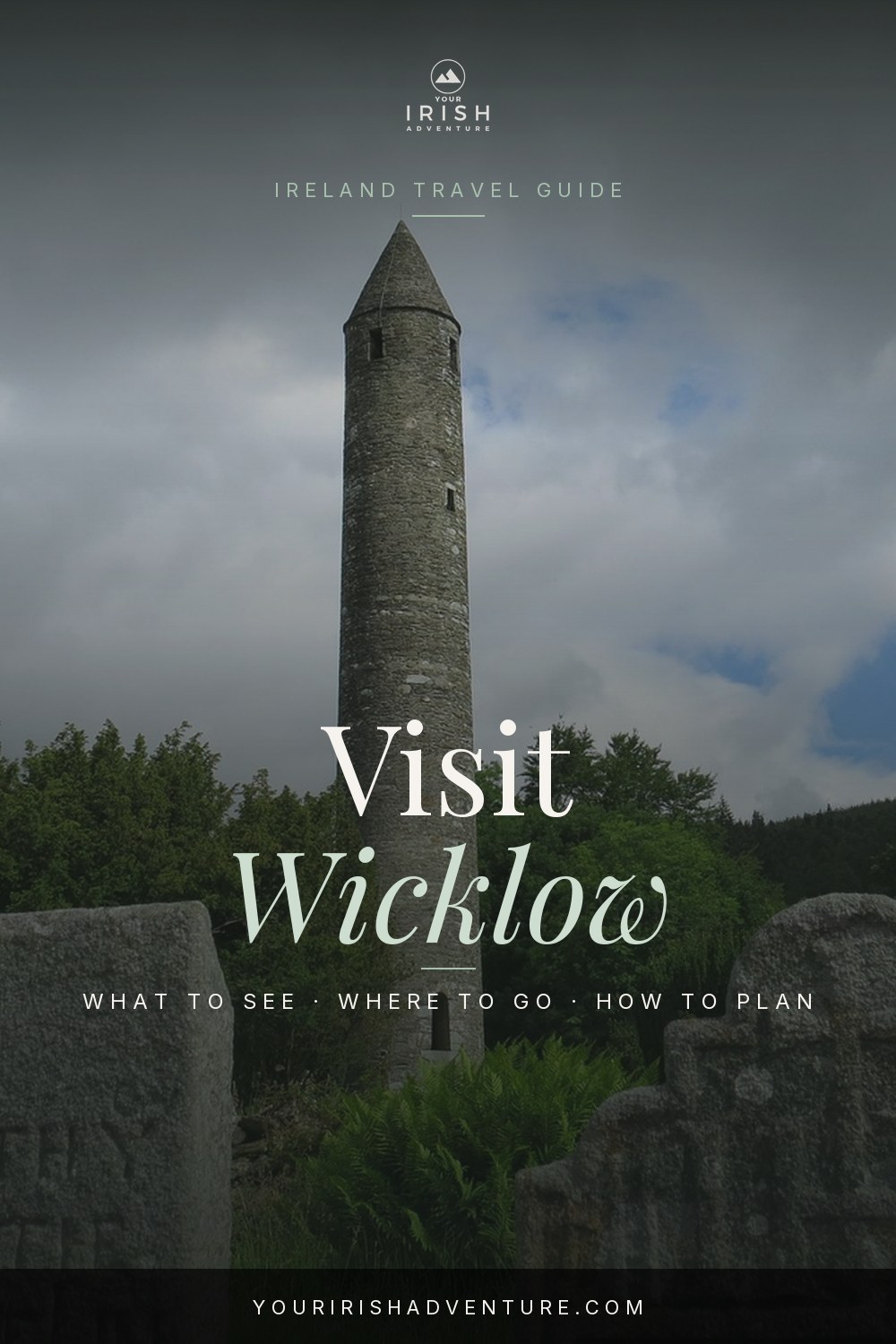 Scenic green mountains and lakes of County Wicklow Ireland with a guide overlay