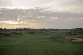 Links golf fairway in Ireland at sunset