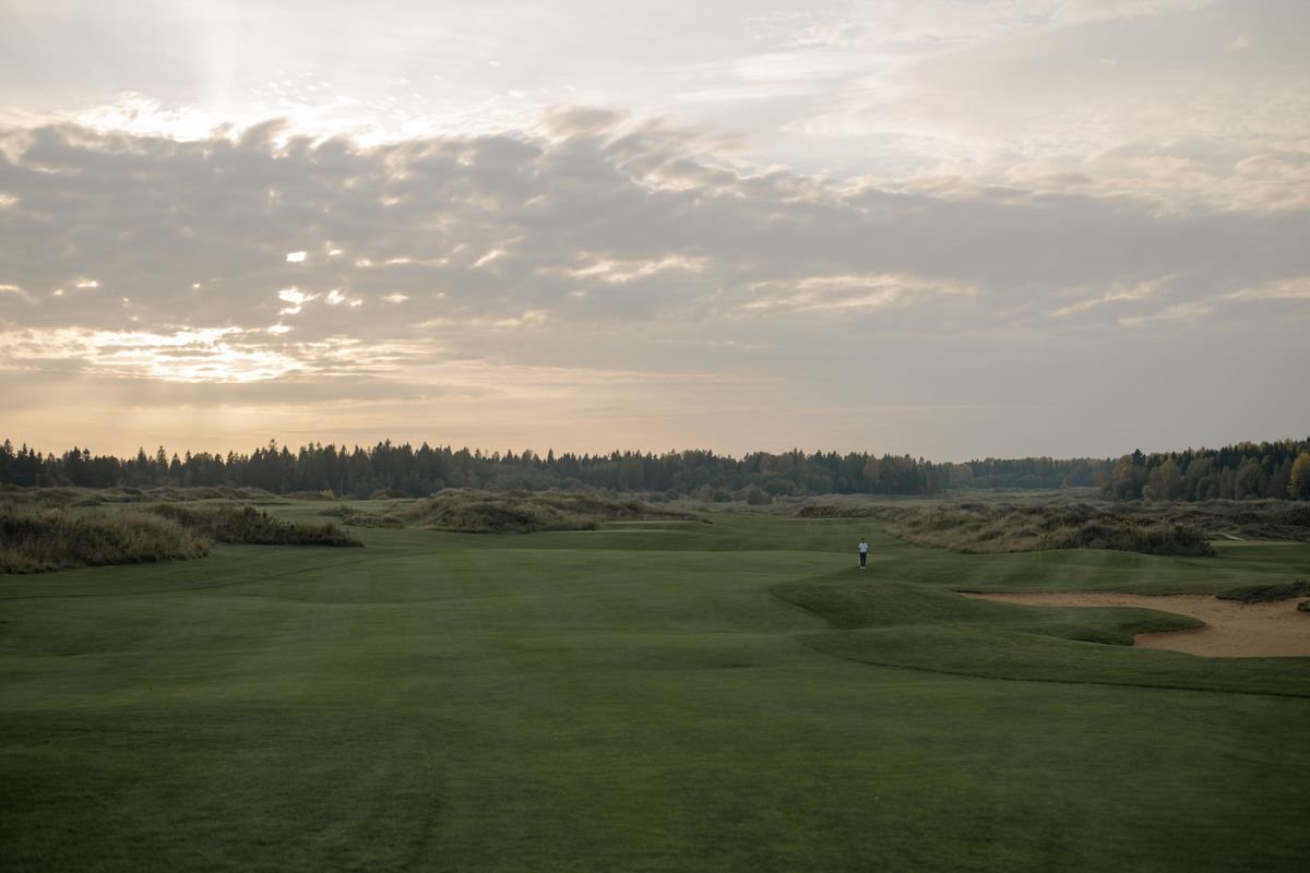 Links golf fairway in Ireland at sunset