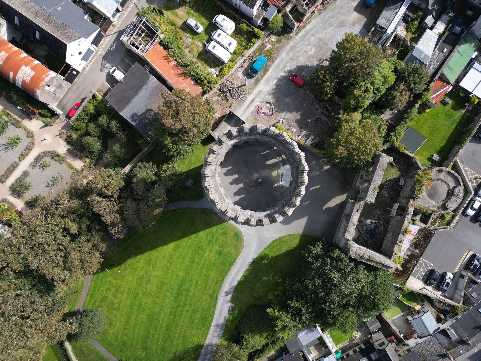 Aerial view looking down on the round tower of Nenagh Castle