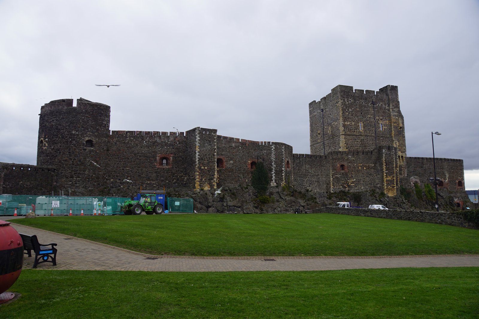 Carrickfergus Castle keep and towers seen from the west in County Antrim