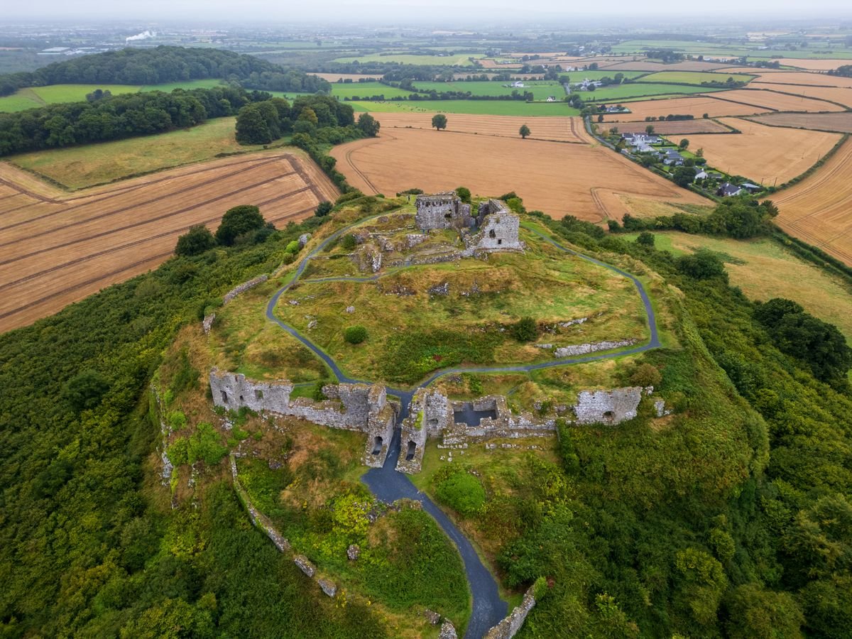 Aerial view of the Rock of Dunamase ruins on a hill above the Laois countryside