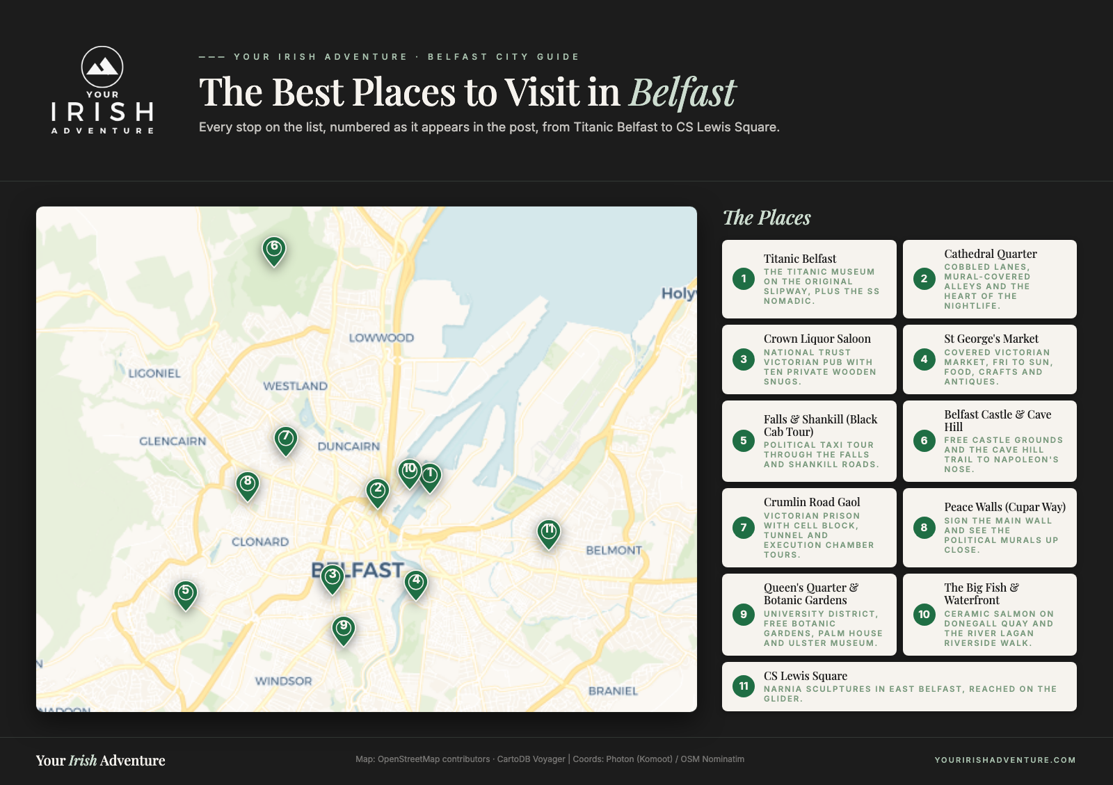 Numbered map of the best places to visit in Belfast, from Titanic Belfast to CS Lewis Square