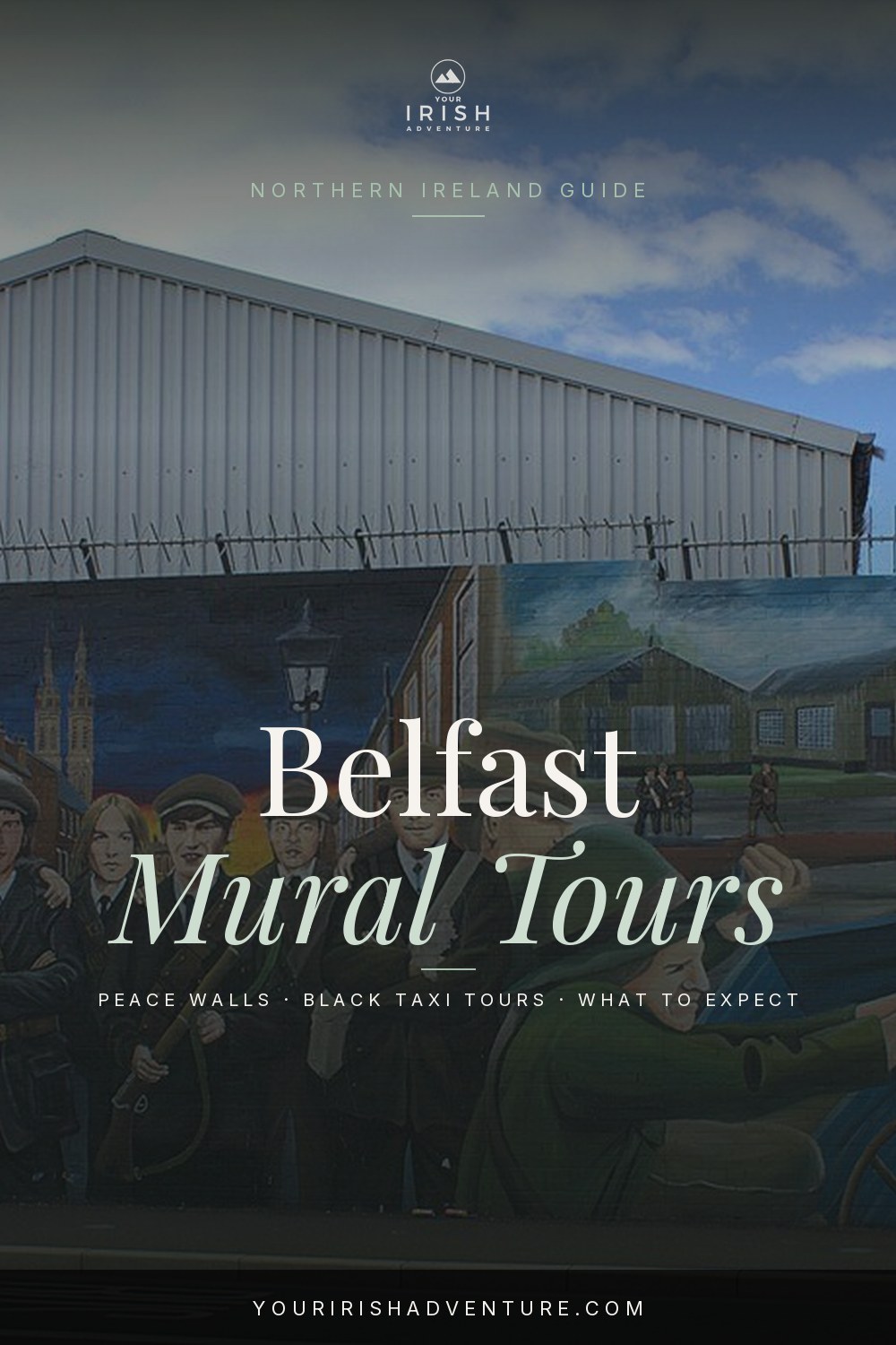 Political murals on a Belfast wall with a black taxi parked in front on a residential street