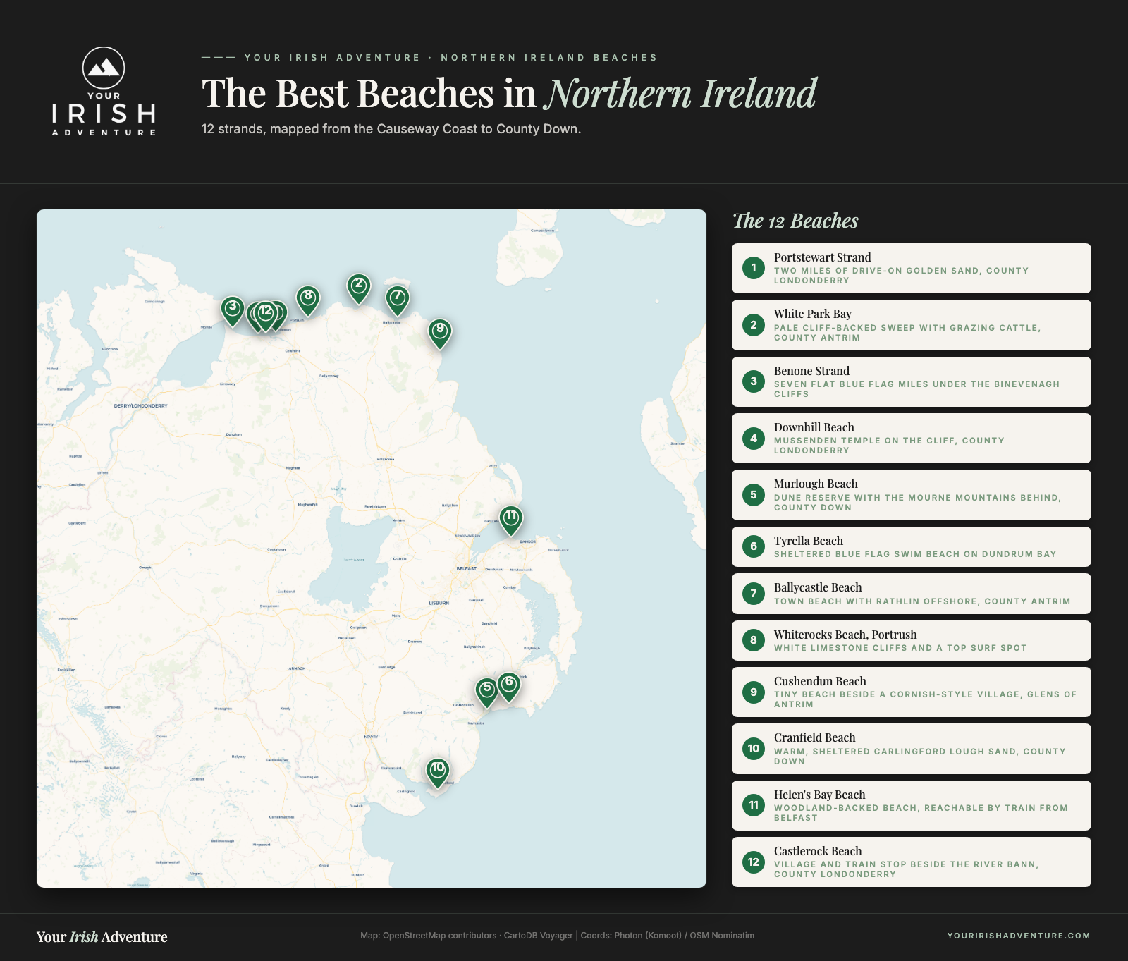 Map of Northern Ireland with 12 numbered beaches from Portstewart Strand to Castlerock