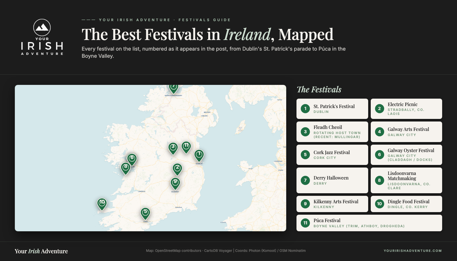 Map of Ireland with numbered pins for each of the best festivals, from St. Patrick's Festival in Dublin to Puca in the Boyne Valley