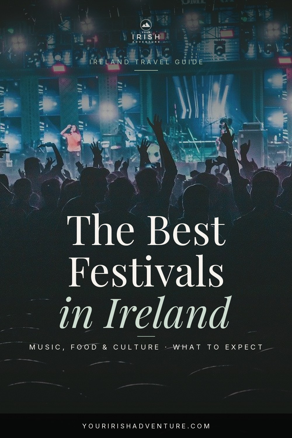 Crowd at an outdoor Irish festival with live music stage and summer lights