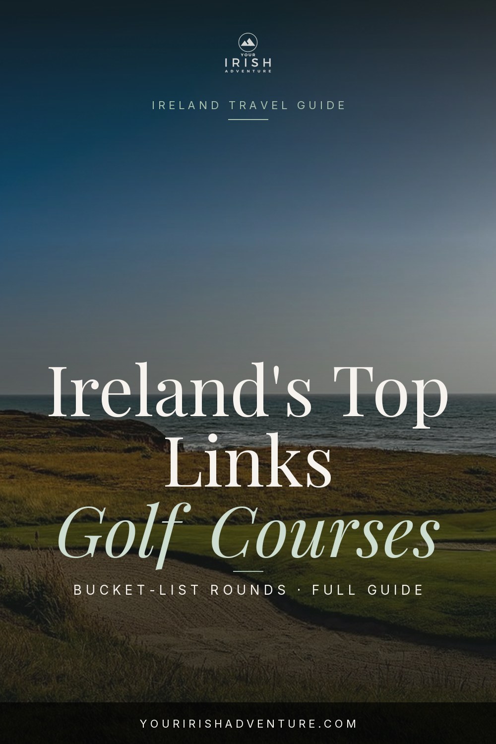 Golfer on a windswept seaside links fairway with dunes and ocean views in Ireland