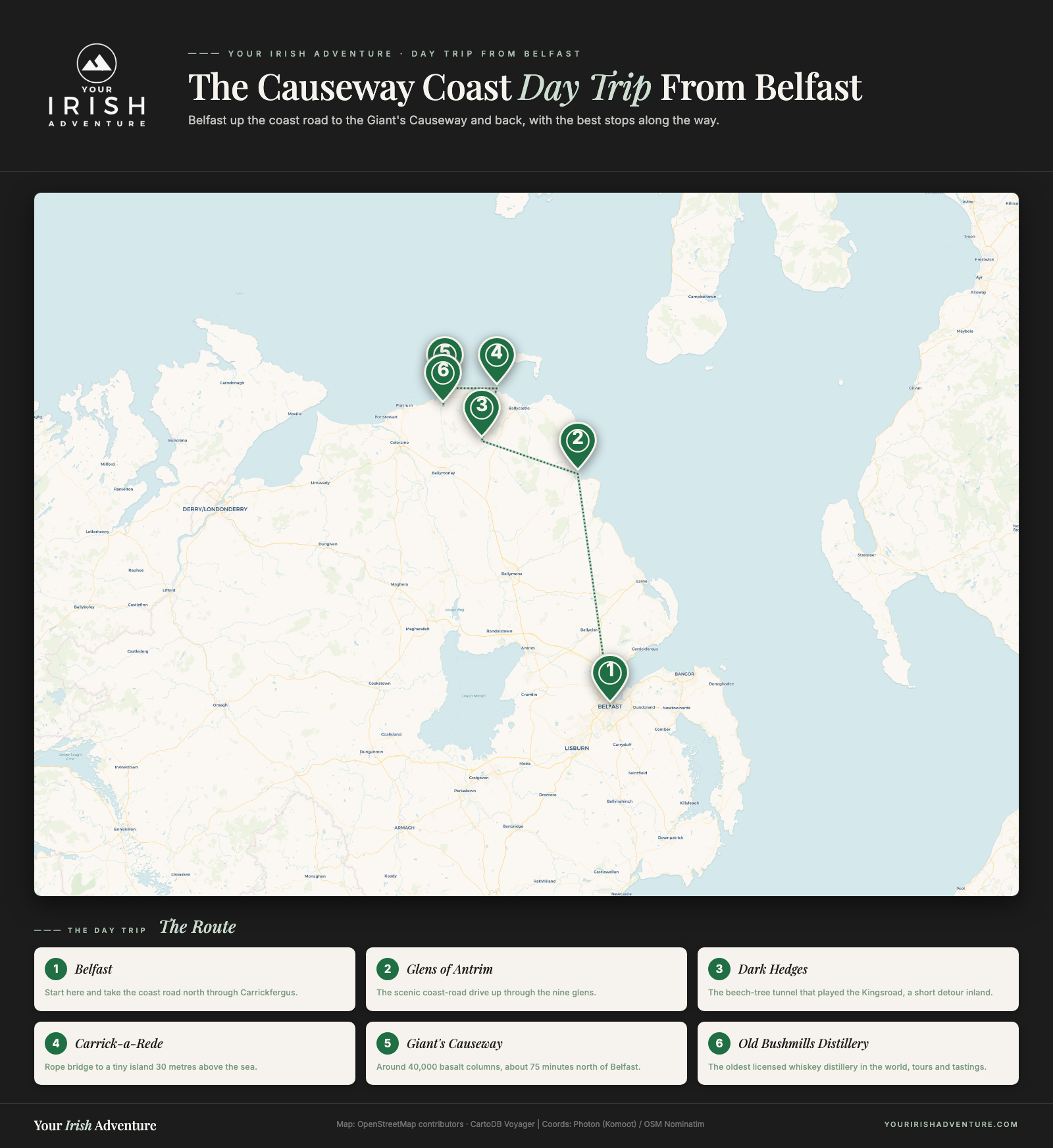 Map of the Causeway Coast day trip route from Belfast to the Giant's Causeway via the Glens of Antrim, Dark Hedges and Carrick-a-Rede