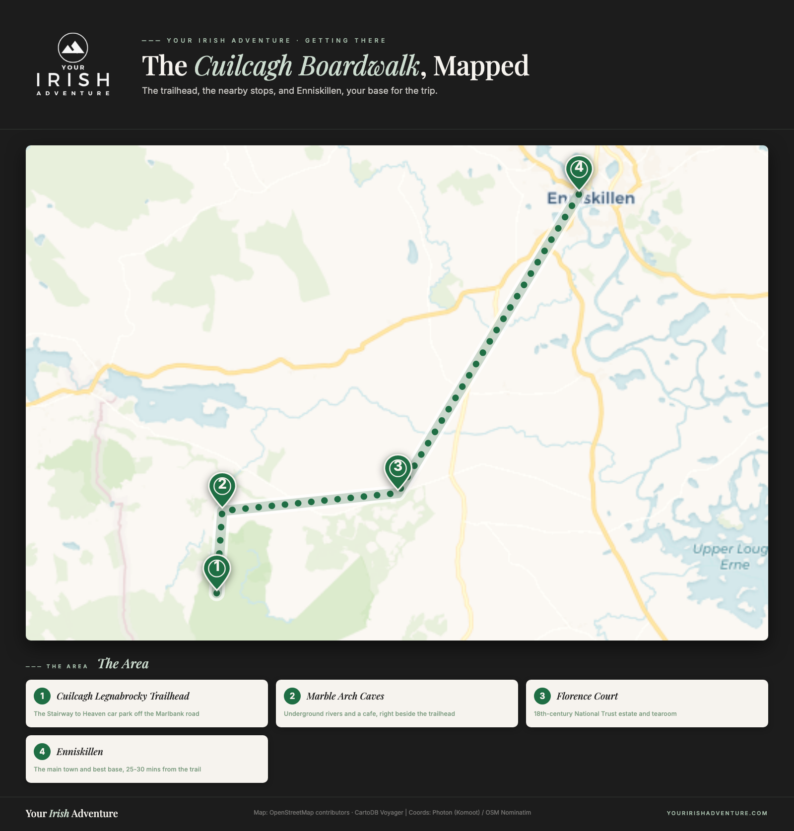Map showing the Cuilcagh Boardwalk trailhead, Marble Arch Caves, Florence Court and Enniskillen in County Fermanagh