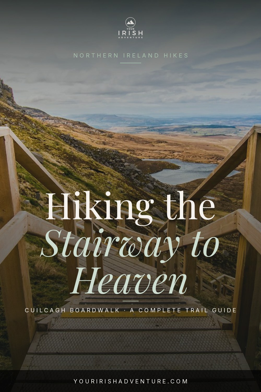 Long timber boardwalk crossing open bog toward Cuilcagh mountain, County Fermanagh, Northern Ireland