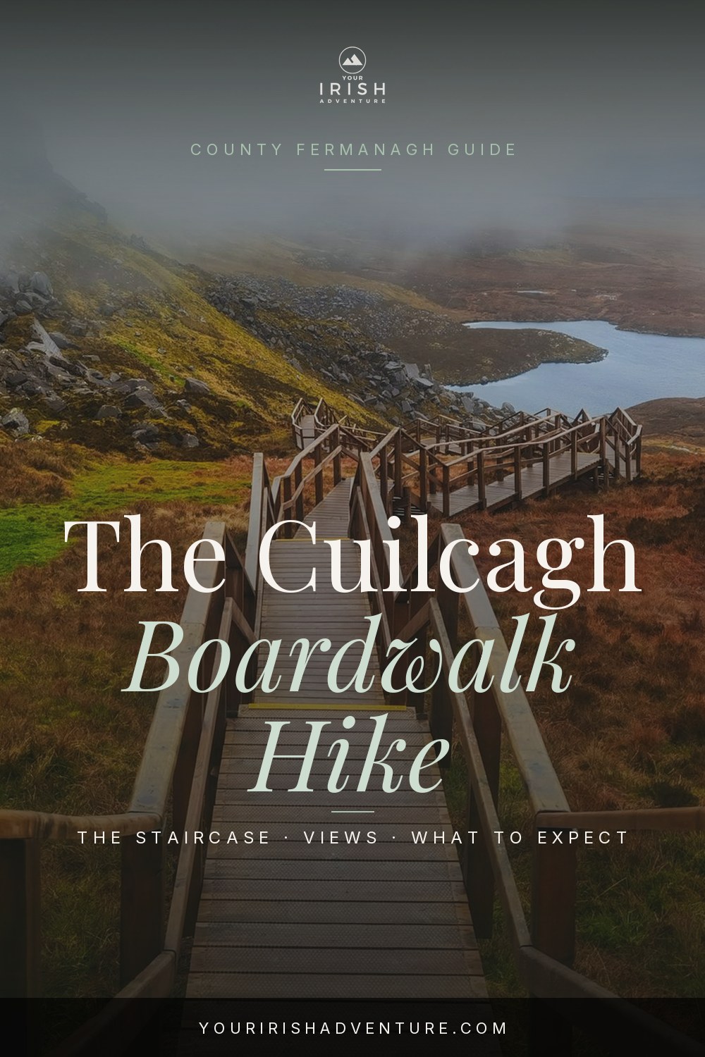Steep wooden staircase climbing the ridge to the Cuilcagh viewing platform in Northern Ireland
